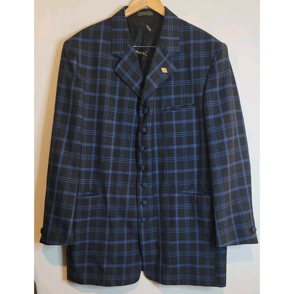 Stacy Adams‎ Blazer 44R Black Blue Plaid Sport Coat Jacket Suit Separates